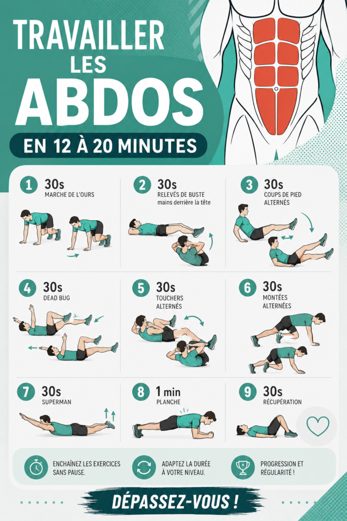 Femme réalisant un exercice d'abdos à la maison avec un tapis de fitness.