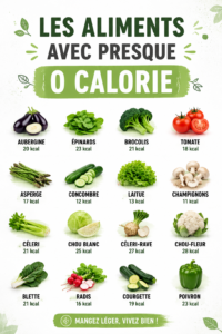 Assortiment d'aliments à faible calorie comprenant des légumes frais et des herbes.