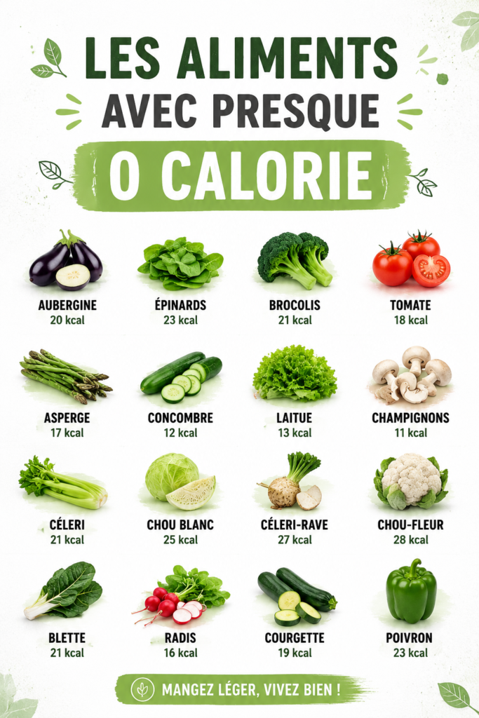 Assortiment d'aliments à faible calorie comprenant des légumes frais et des herbes.