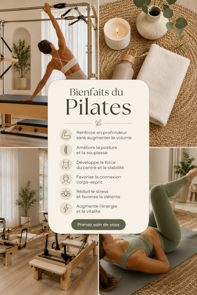 Femme pratiquant le Pilates sur un tapis dans un environnement paisible, illustrant les bienfaits de cette activité sur le bien-être.