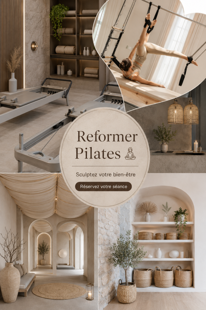 Femme pratiquant le reformer Pilates sur un appareil dans un studio lumineux