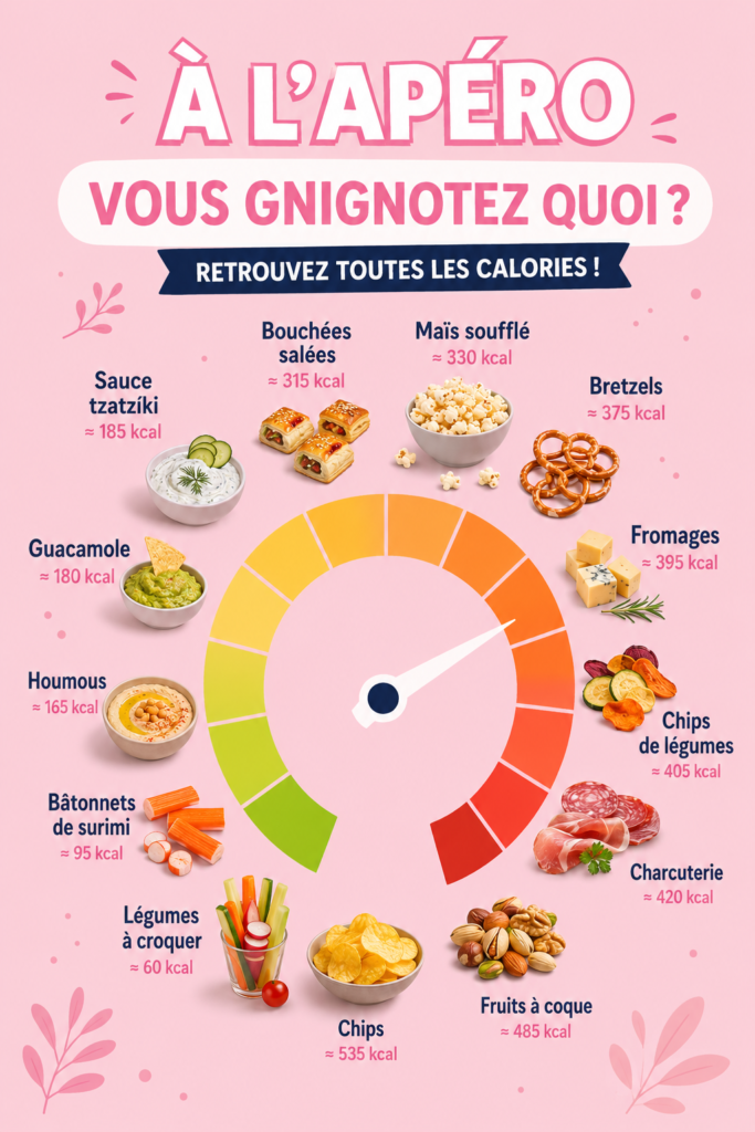 Plateau de grignotages apéritifs variés avec étiquettes de calories.