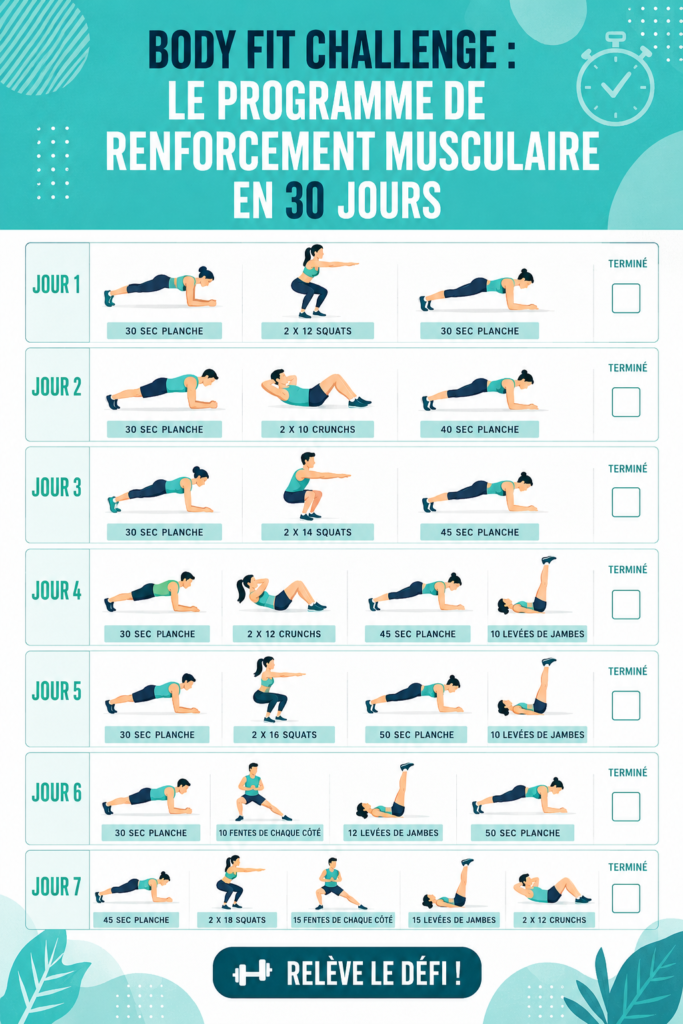 Illustration d'un programme de renforcement musculaire pour femmes de 30 jours