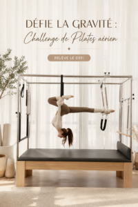 Femme pratiquant le Pilates aérien dans un studio avec des hamacs.