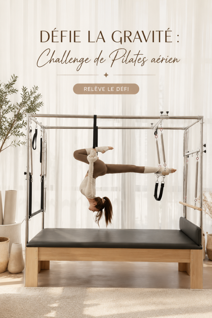 Femme pratiquant le Pilates aérien dans un studio avec des hamacs.
