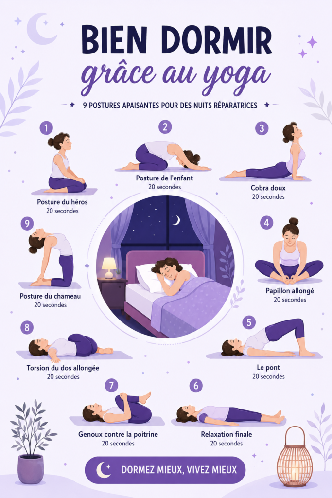Femme pratiquant le yoga dans une ambiance calme pour favoriser le sommeil.