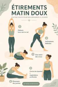 Femme en train de faire des étirements doux le matin dans un cadre apaisant.