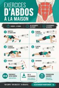 Femme réalisant des exercices d'abdominaux à la maison, sur un tapis de sol.