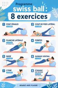 Femme faisant des exercices sur un Swiss Ball dans son salon, illustrant une routine de fitness.