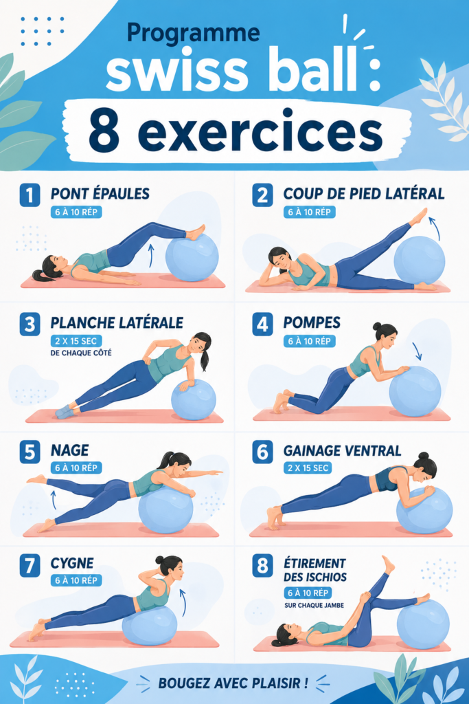 Femme faisant des exercices sur un Swiss Ball dans son salon, illustrant une routine de fitness.