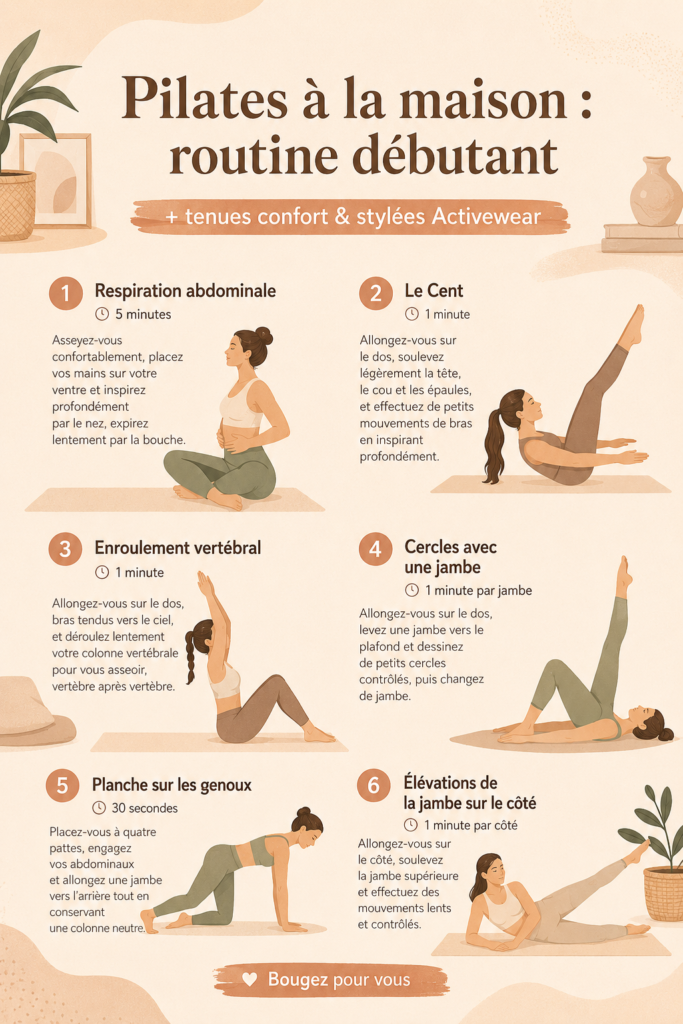 Femme en tenue de Pilates, pratiquant des exercices dans un espace chaleureux à domicile