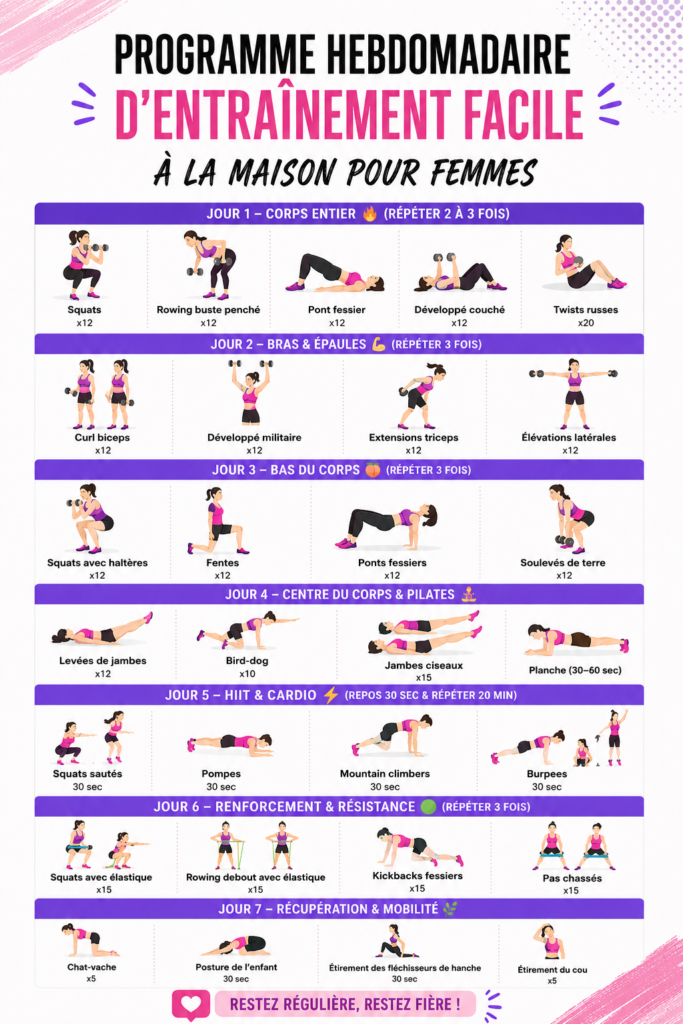 Femme faisant des exercices à la maison selon un planning d'entraînement.
