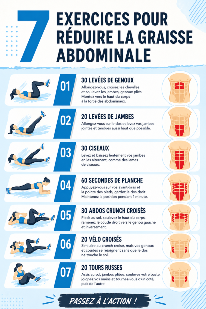Femme réalisant un exercice abdominaux à la maison pour réduire la graisse abdominale.