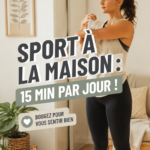 Femme s'exerçant à la maison avec des haltères et un tapis de yoga.