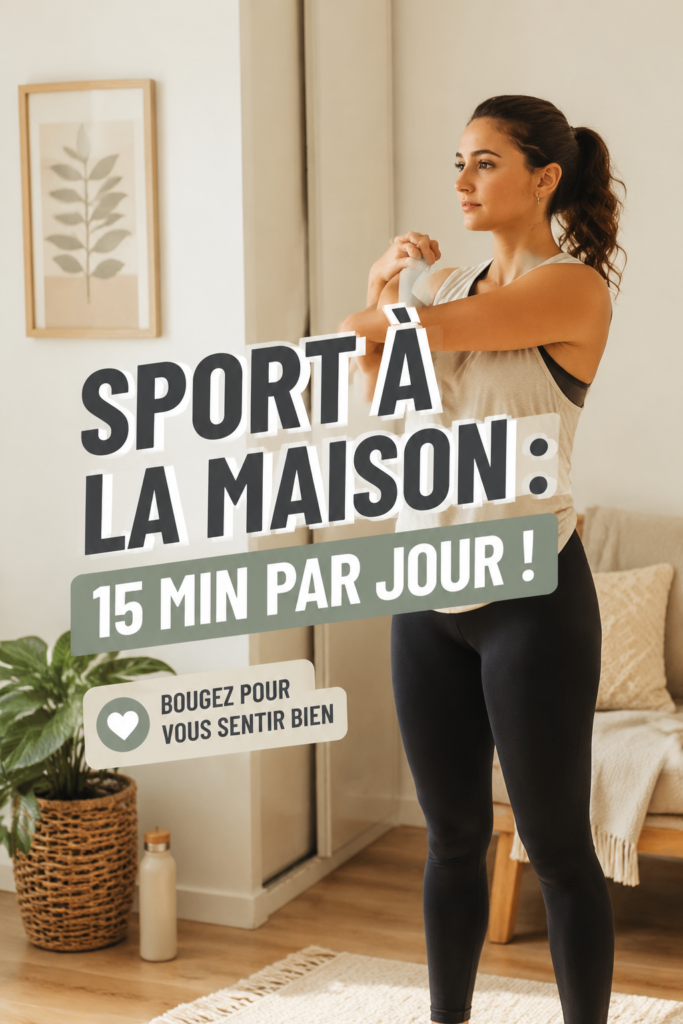 Femme s'exerçant à la maison avec des haltères et un tapis de yoga.