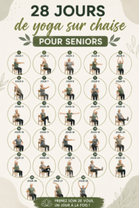 Une femme senior pratiquant le yoga sur chaise dans un cadre paisible.
