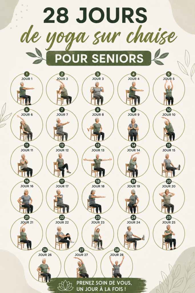 Une femme senior pratiquant le yoga sur chaise dans un cadre paisible.