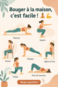 Femme effectuant des exercices dans son salon, illustrant l'importance de bouger à la maison.