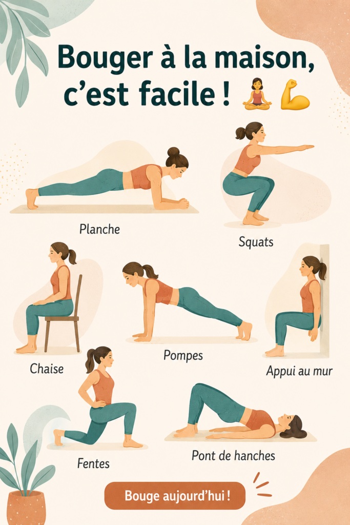 Femme effectuant des exercices dans son salon, illustrant l'importance de bouger à la maison.