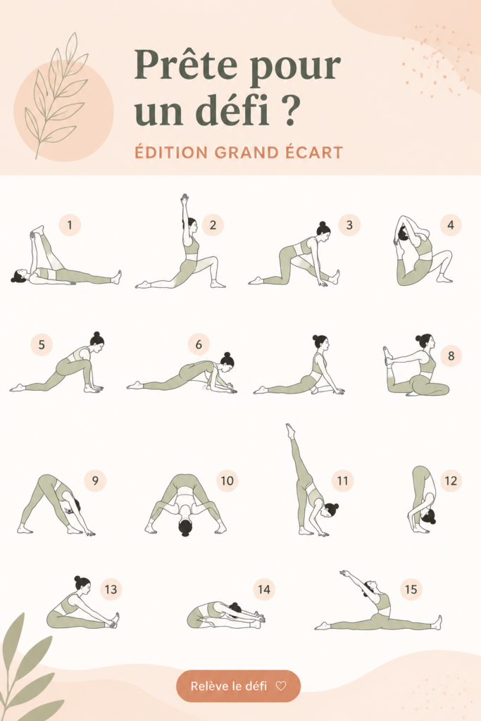 Femme pratiquant des splits en salle de sport, montrant des mouvements de souplesse et d'étirement.