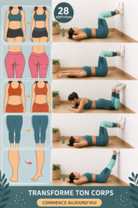 Femme faisant des exercices de Pilates sur un mur pour le défi de 28 jours.