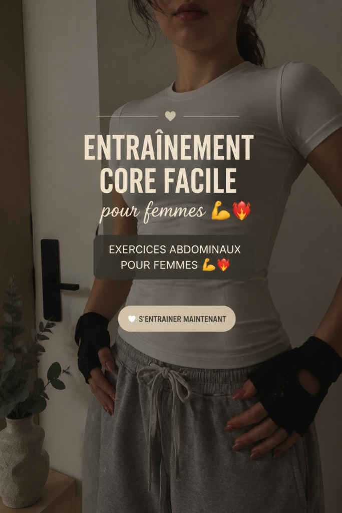 Une femme souriante réalisant des exercices d'abdominaux lors d'une séance à domicile.