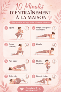 Femme effectuant un entraînement à domicile de 10 minutes sans équipement, souriante et motivée.