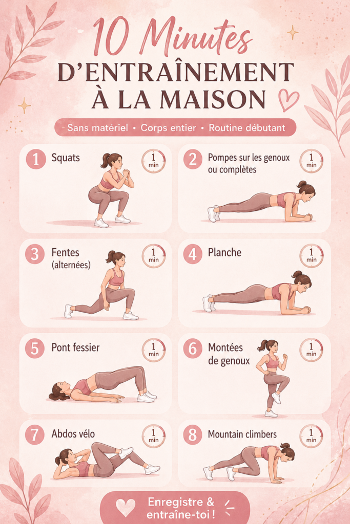 Femme effectuant un entraînement à domicile de 10 minutes sans équipement, souriante et motivée.