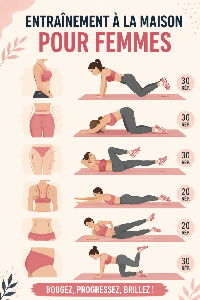 Femme s'entraînant chez elle avec un tapis de sport.