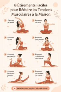 Femme réalisant des étirements faciles à la maison pour réduire la tension musculaire.
