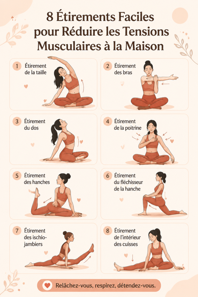Femme réalisant des étirements faciles à la maison pour réduire la tension musculaire.