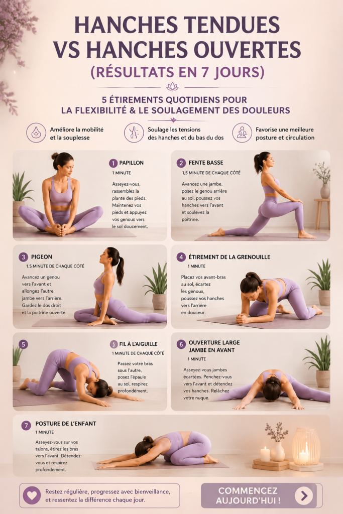 Femme pratiquant des étirements pour libérer ses hanches dans un cadre relaxant.