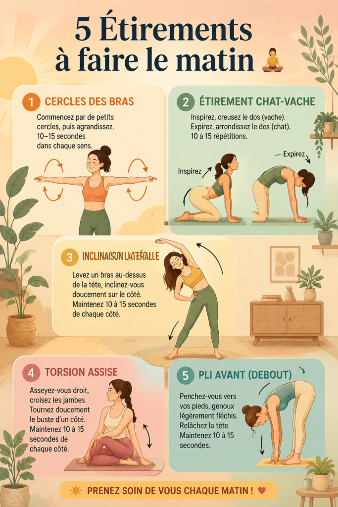 Femme effectuant des étirements matinaux dans un cadre apaisant