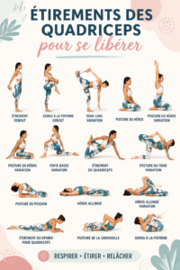 Femme s'étirant les quadriceps sur un tapis de yoga, illustrant le bien-être physique.