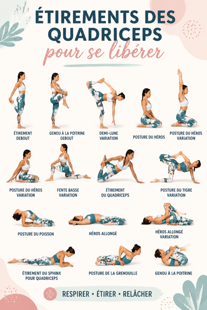 Femme s'étirant les quadriceps sur un tapis de yoga, illustrant le bien-être physique.