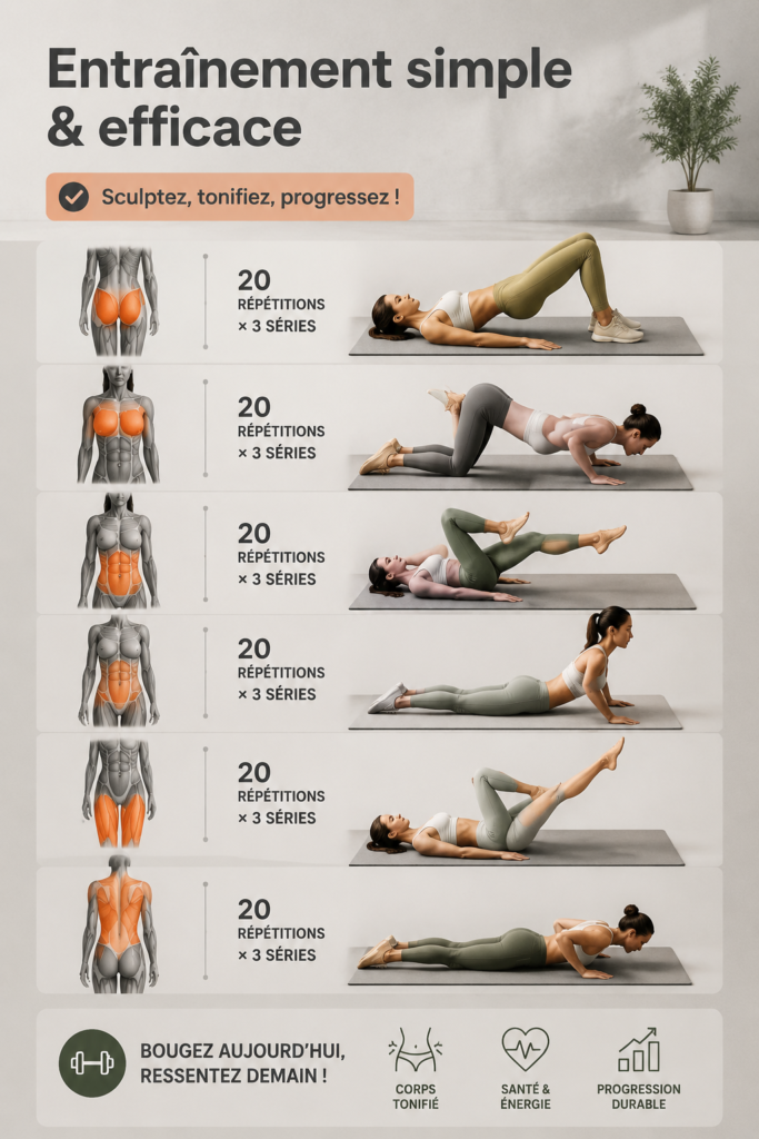 Femme en tenue de sport effectuant des exercices simples à domicile.