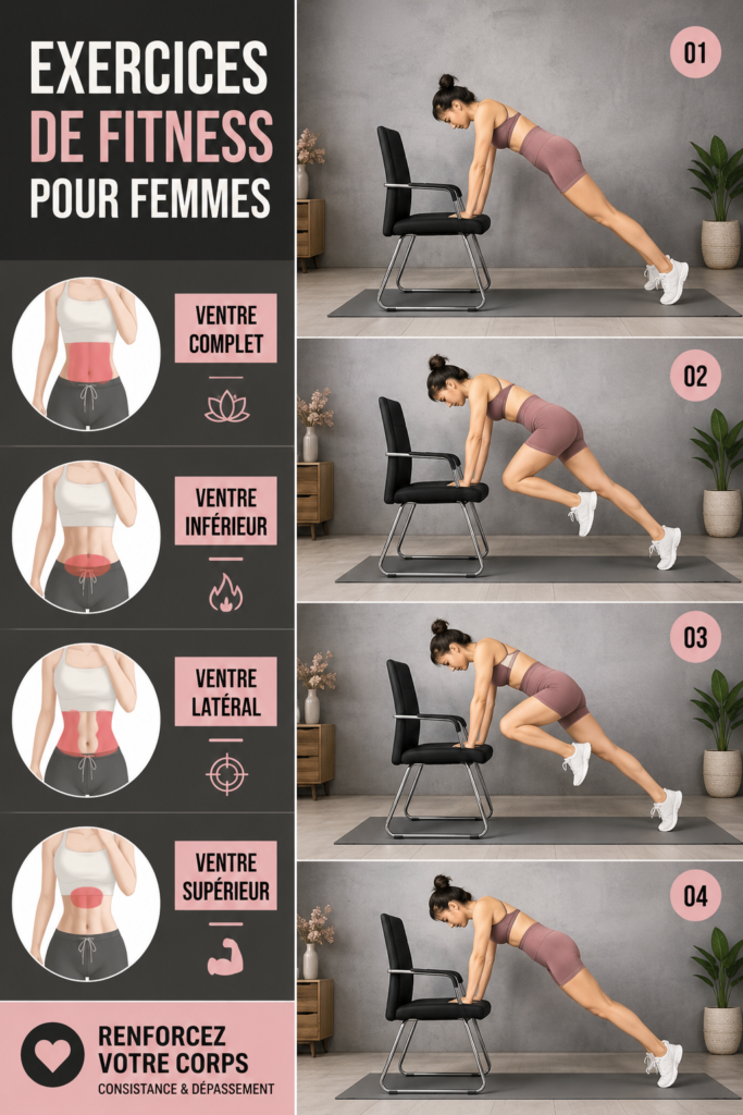 Femme faisant des exercices de fitness à la maison, motivée et souriante