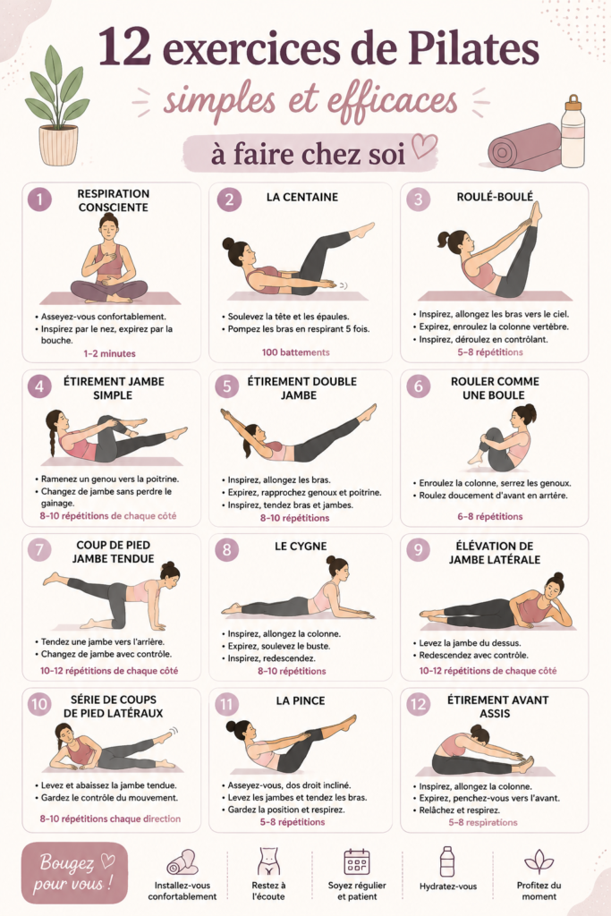 Femme en train de faire des exercices de pilates chez elle, sur un tapis de yoga dans un salon chaleureux.