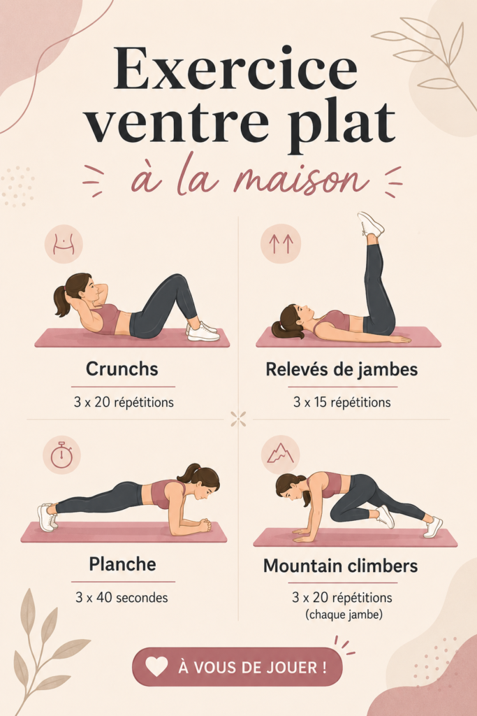 Femme réalisant des exercices de ventre plat à la maison.