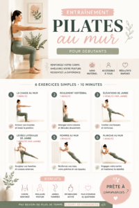 Femme de 30 à 50 ans pratiquant le Pilates au mur chez elle, tonifiant son corps avec des exercices adaptés.
