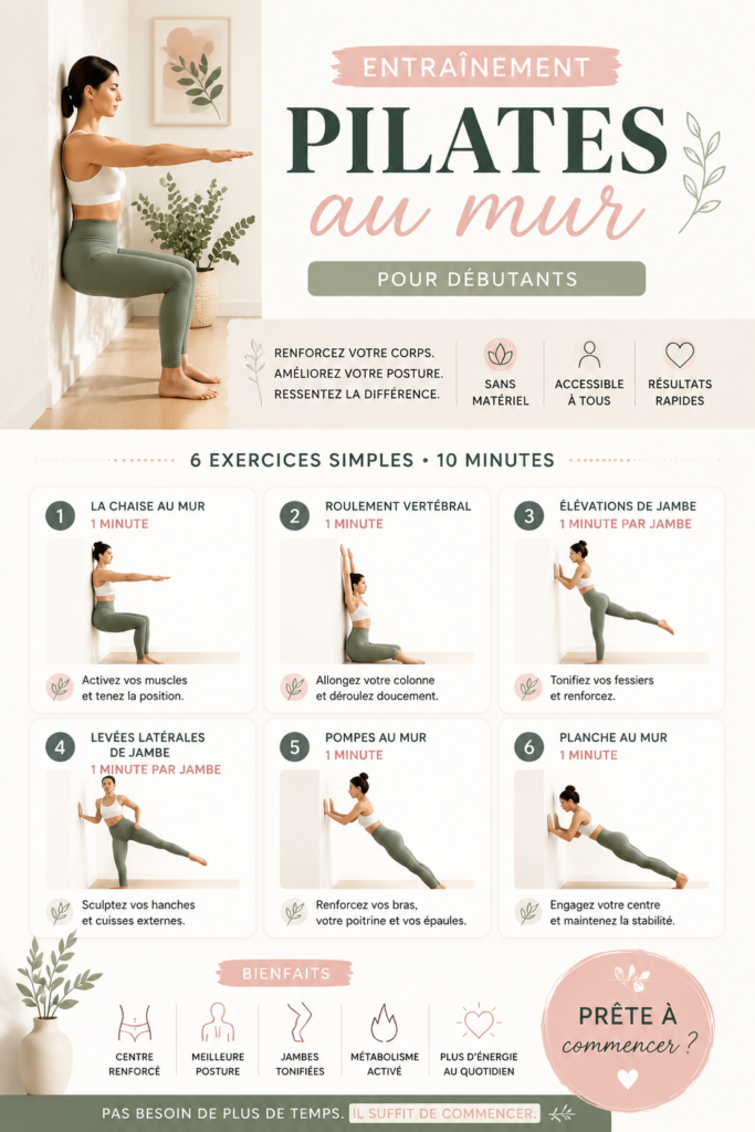 Femme de 30 à 50 ans pratiquant le Pilates au mur chez elle, tonifiant son corps avec des exercices adaptés.