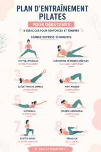 Une femme pratiquant des exercices de Pilates dans un espace lumineux et chaleureux.