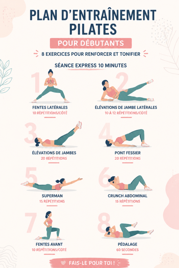 Une femme pratiquant des exercices de Pilates dans un espace lumineux et chaleureux.