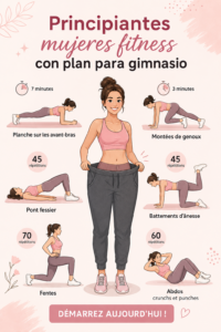 Femme débutante souriante dans une salle de gym avec un plan de fitness