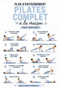 Femme pratiquant le Pilates à la maison avec un tapis de yoga.