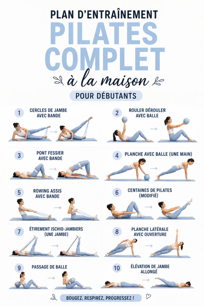 Femme pratiquant le Pilates à la maison avec un tapis de yoga.