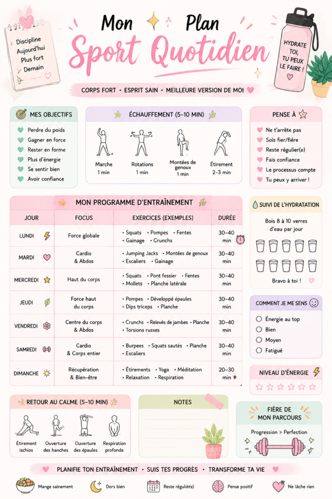 Femme utilisant un planning d'entraînement esthétique, sourire aux lèvres, dans un environnement accueillant.