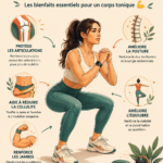 Femme réalisant un squat dans un cadre naturel, symbolisant la santé et le fitness.
