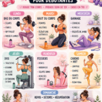 Femme faisant des exercices à la maison suivant un programme d'entraînement hebdomadaire.