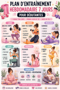 Femme faisant des exercices à la maison suivant un programme d'entraînement hebdomadaire.